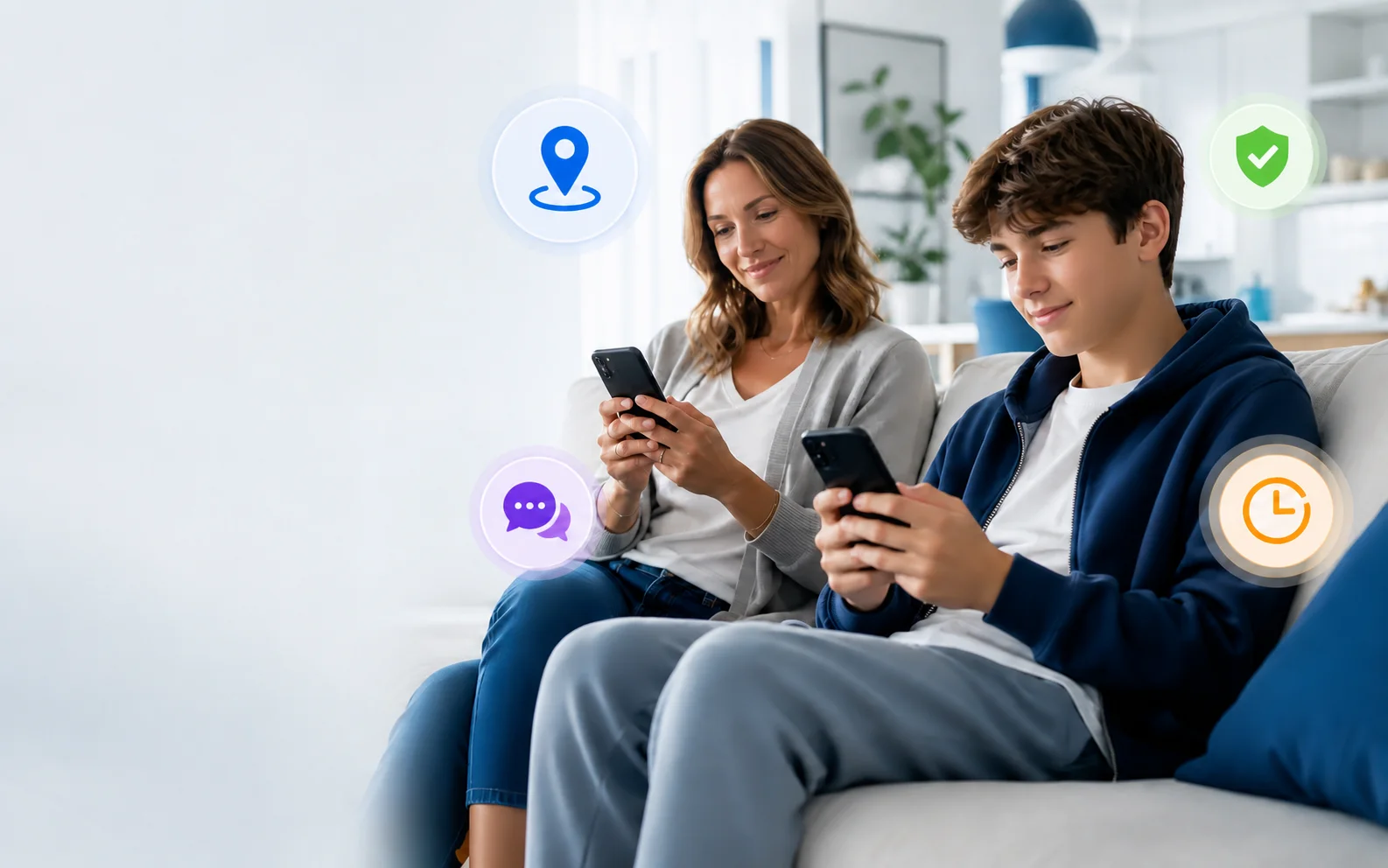 A mother and her teenage son looking at their phones together