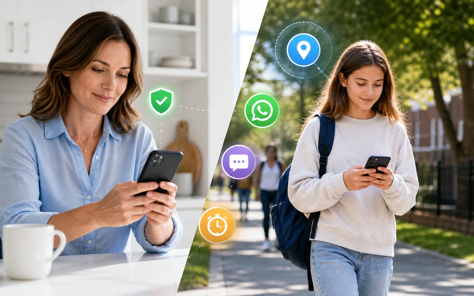 Family illustration: a mother using her phone and a teenager walking home