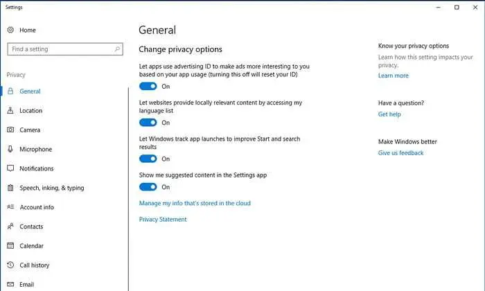 Windows 10의 개인 정보 옵션