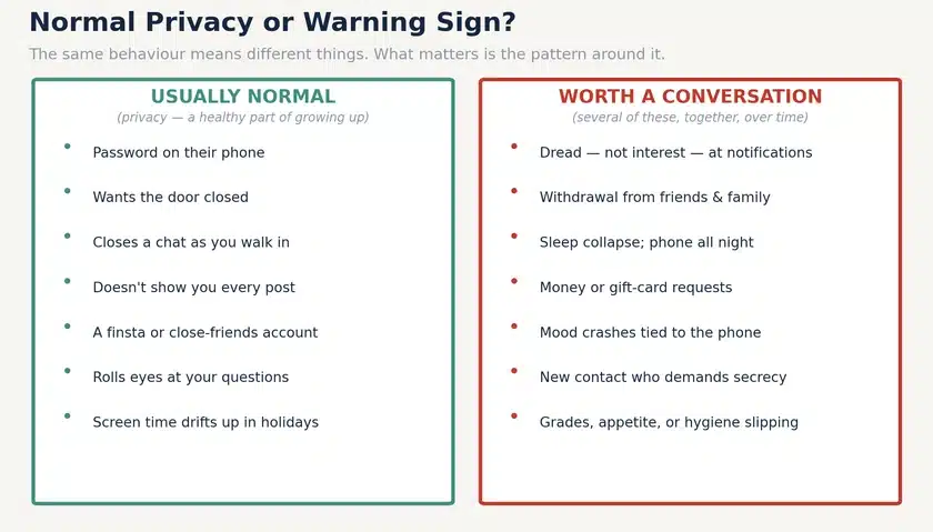 Comparison of behaviours that are usually normal teen privacy, such as a phone password, against patterns worth a conversation, such as dread at notifications and unexplained requests for money